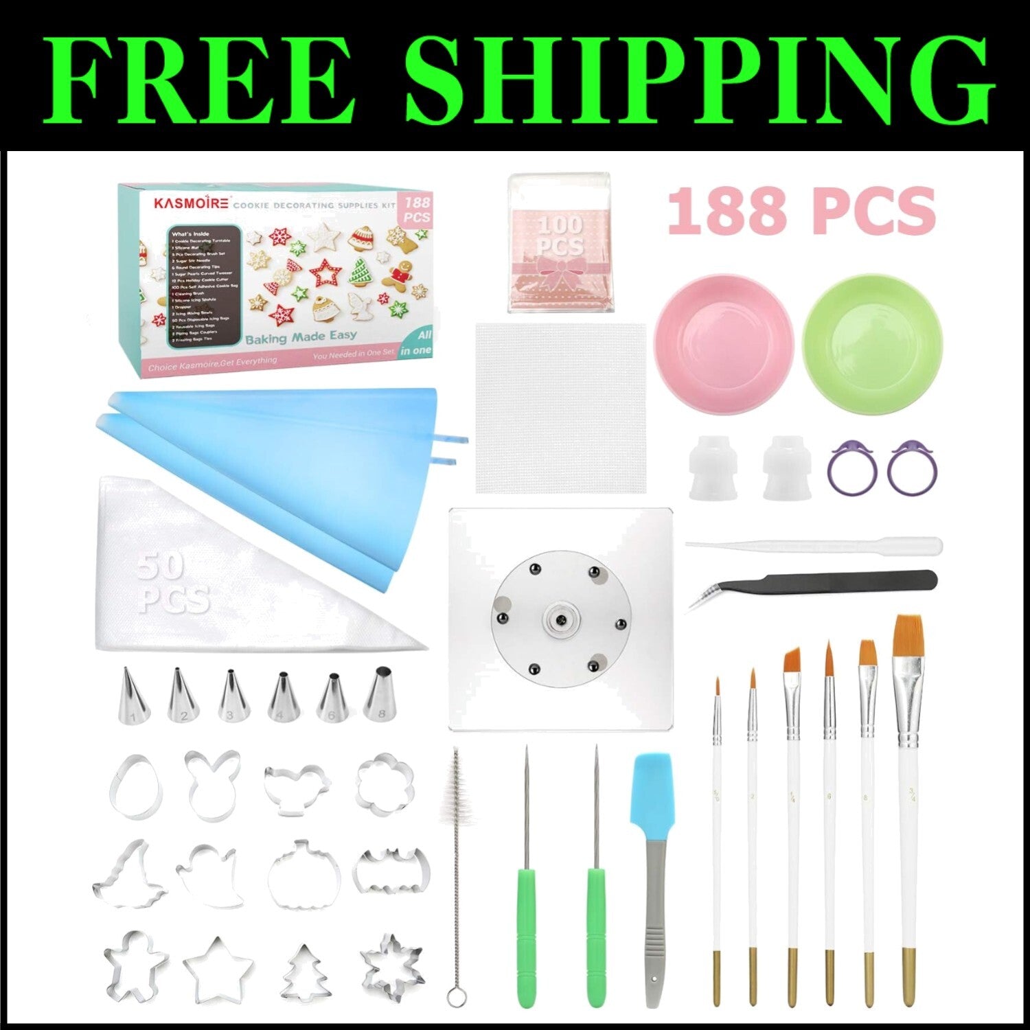 Holiday-Themed Cookie Decorating Set - 188 Pieces with Gift Box Included