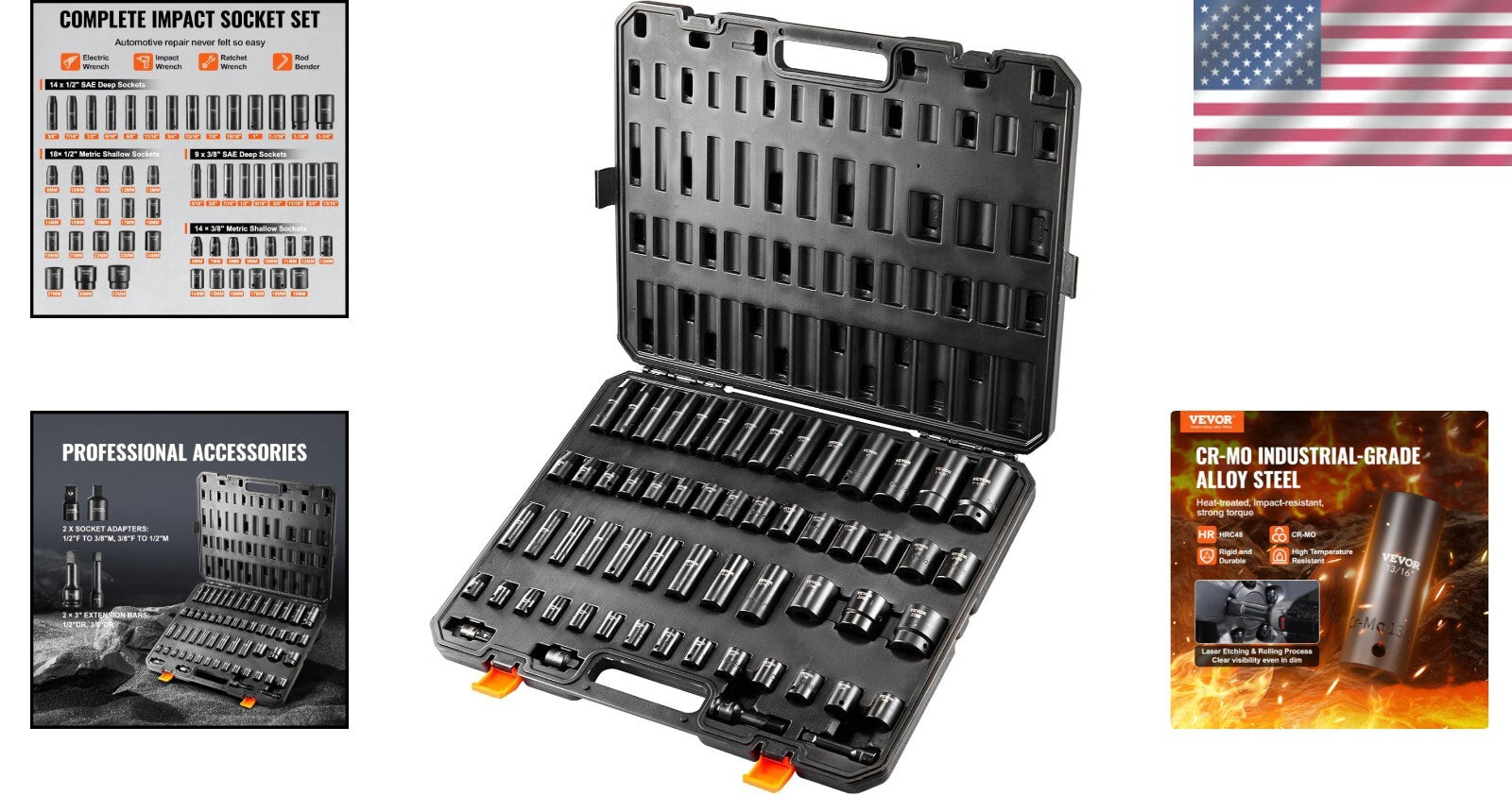 Comprehensive 59 Piece Socket Set - SAE & Metric Impact Tools, Easy Storage Case