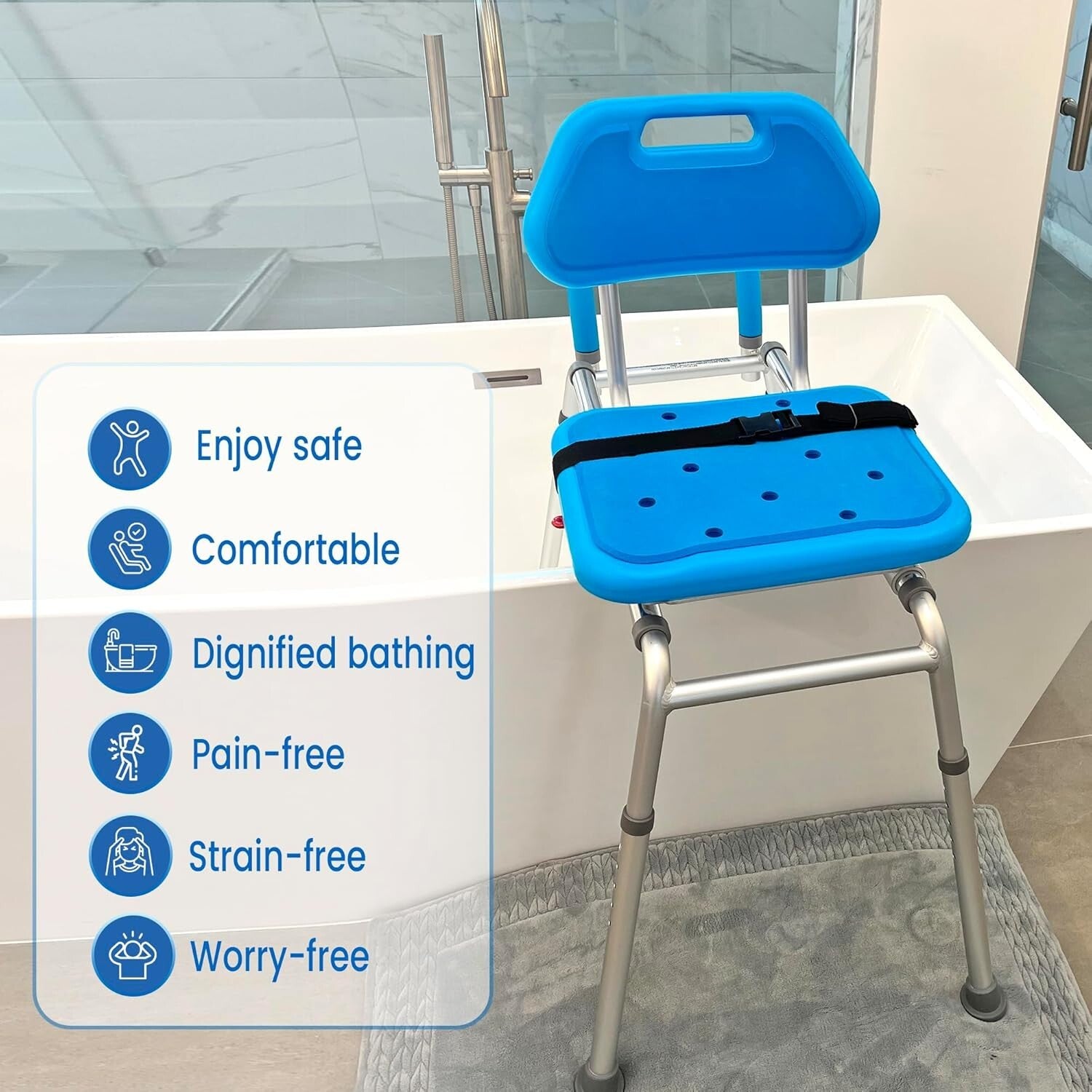 Premium Padded Blue Sliding Bath Transfer Bench with Swivel Seat & Safety Handle