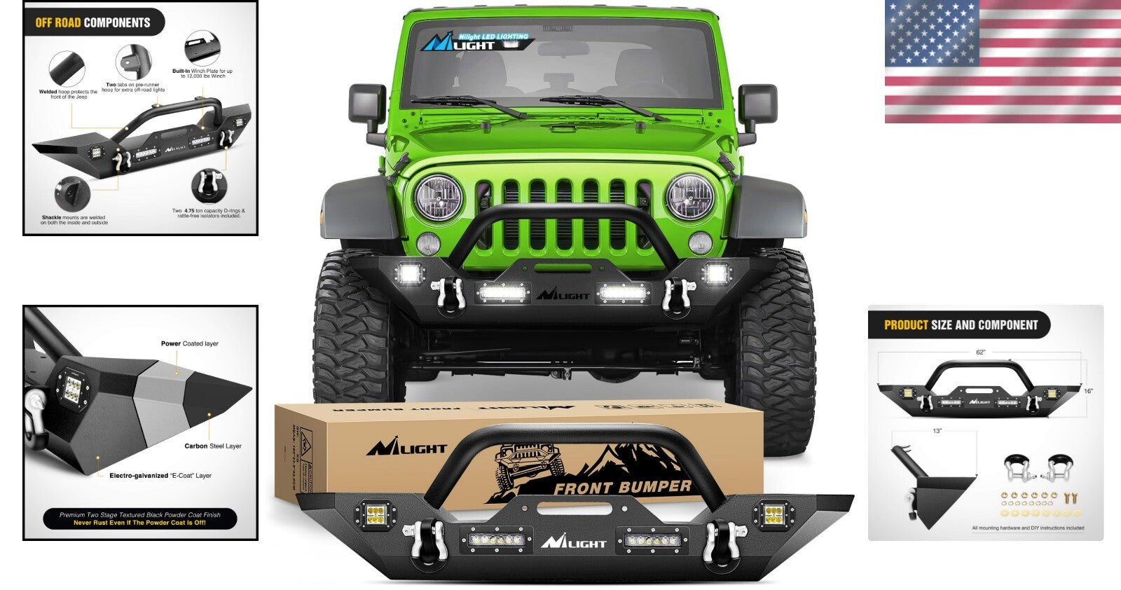 Durable Jeep Wrangler Front Bumper with Built-in LED Lights & D-ring Isolators