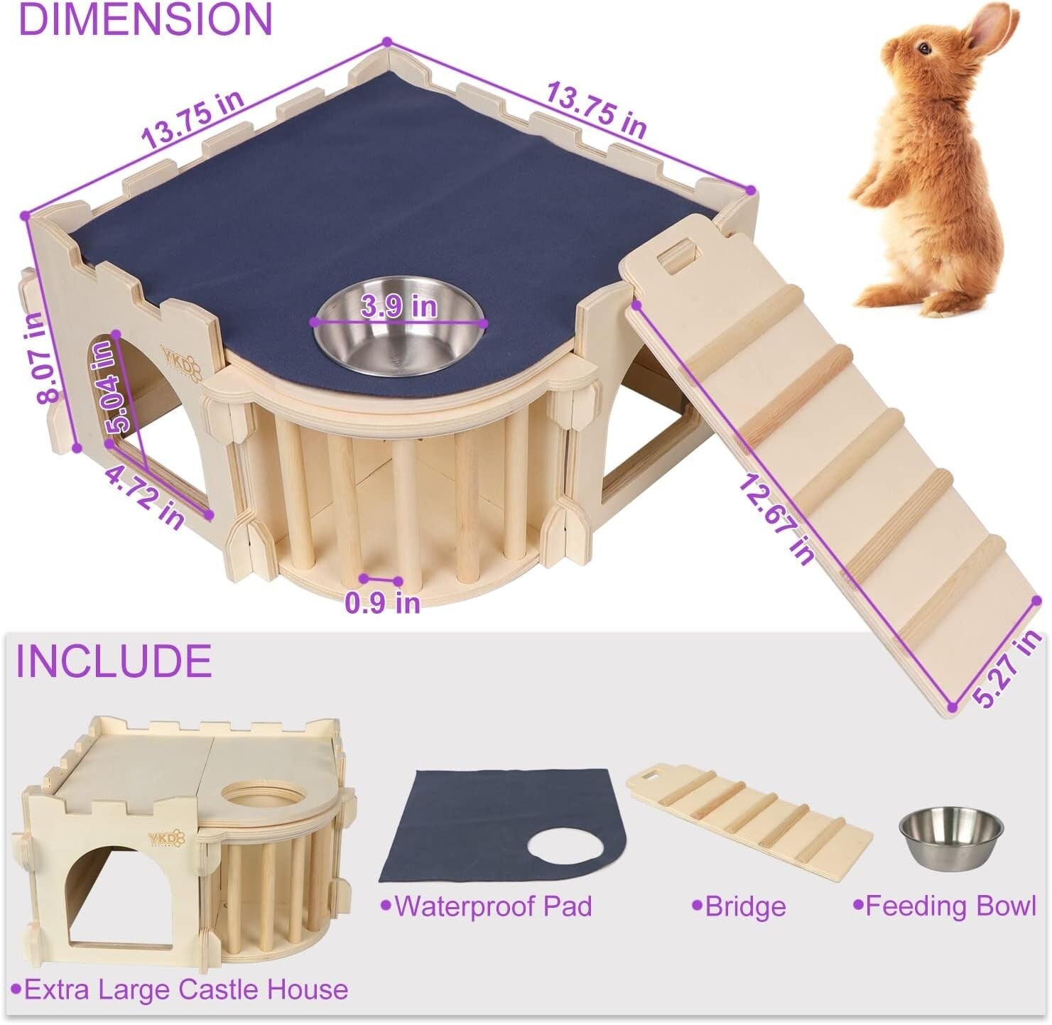 Extra Large Rabbit House with Ladder and Hay Feeder for Small Animal Comfort