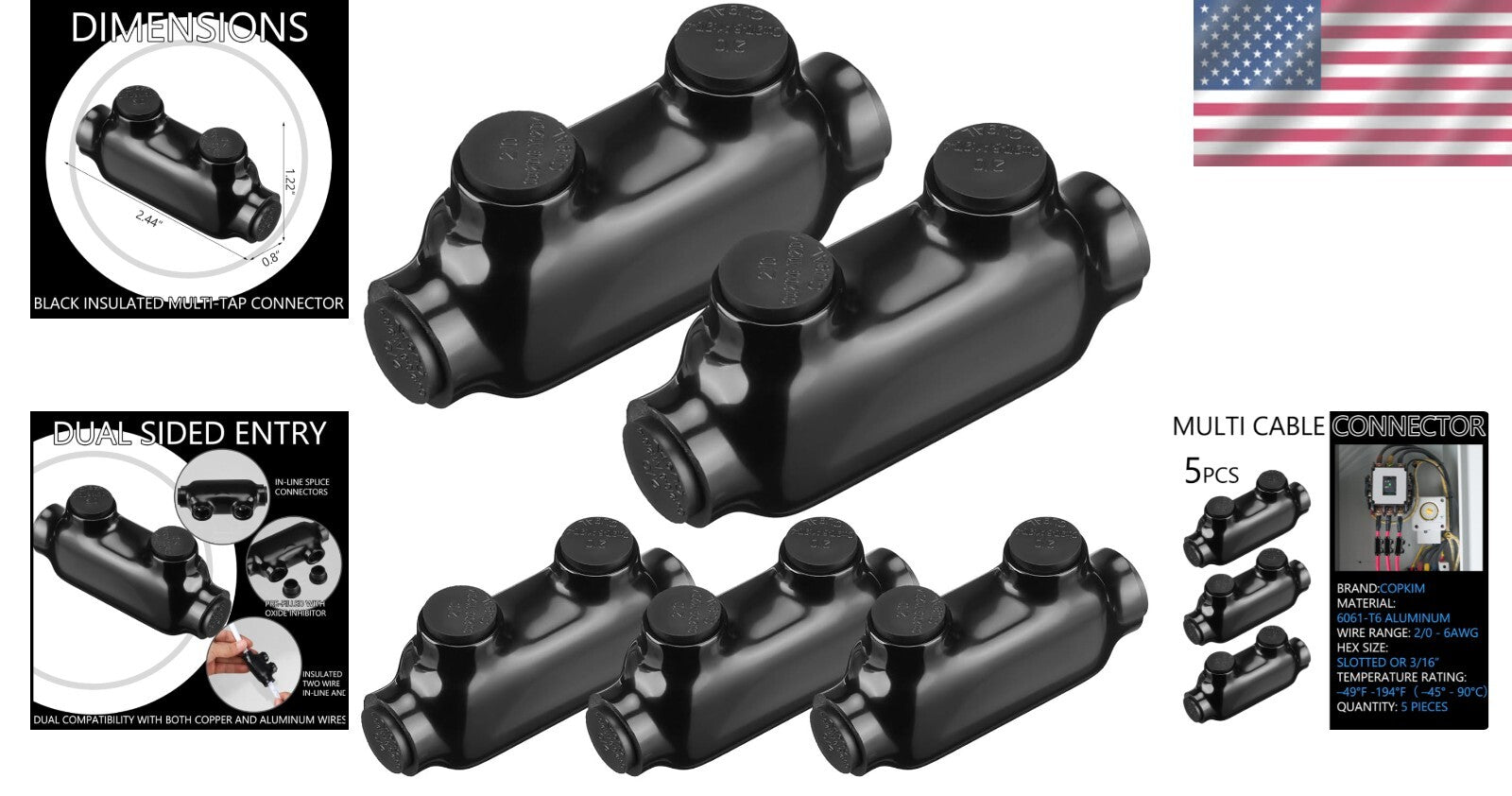Durable Black Splice Connectors with Oxide Inhibitor - 5 Pack for 2/0-6 Wires