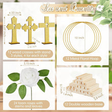 Load image into Gallery viewer, 48 Pcs Gold &amp; White Baptism Centerpieces: Wood Crosses, Floral Hoops &amp; Roses