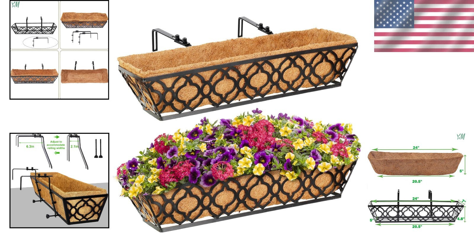 Elegant 24" Planter Boxes with Quatrefoil Design and Coconut Liner - 2 Piece Set