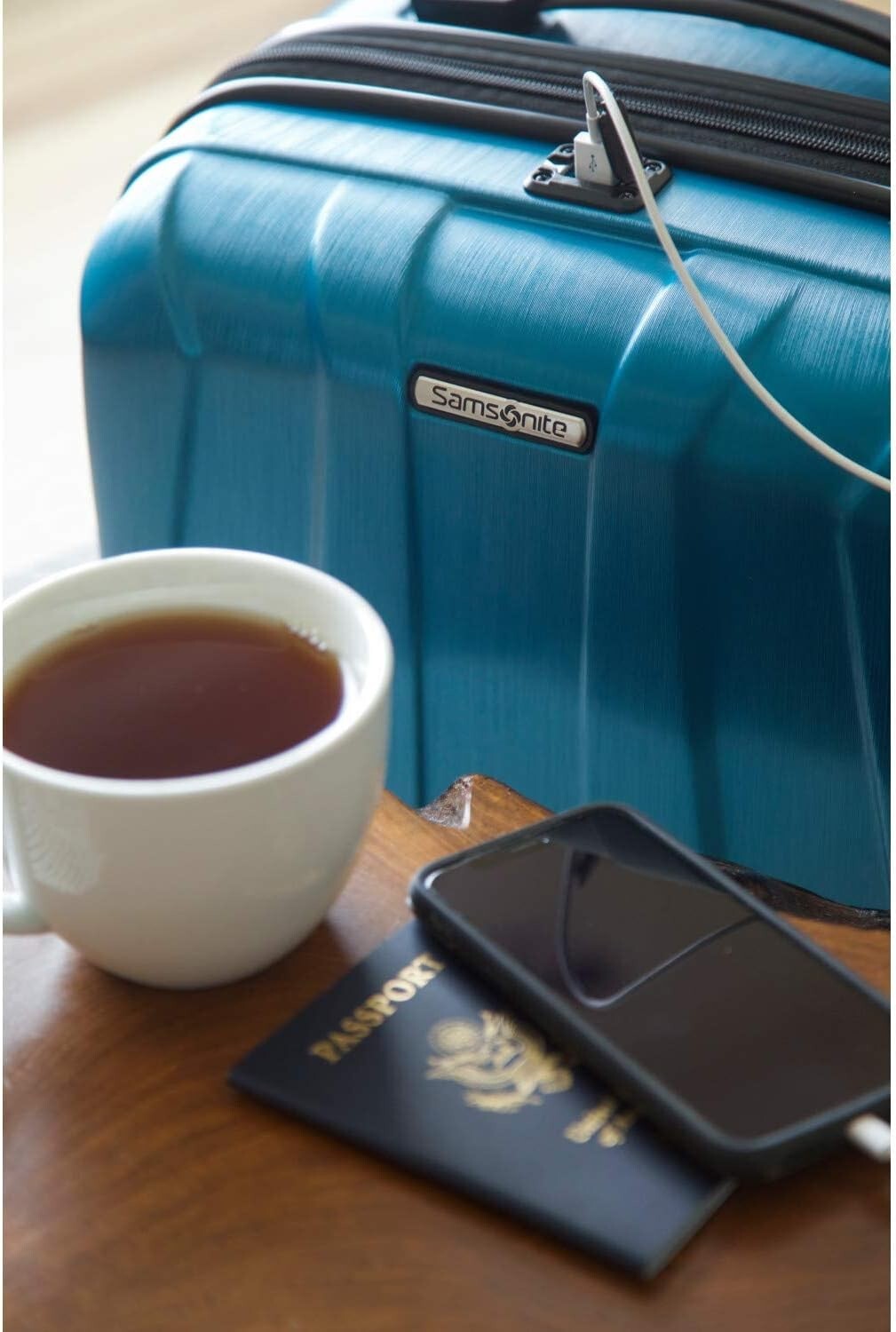 20-Inch Caribbean Blue Hardside Luggage with Charging System and Spinner Wheels