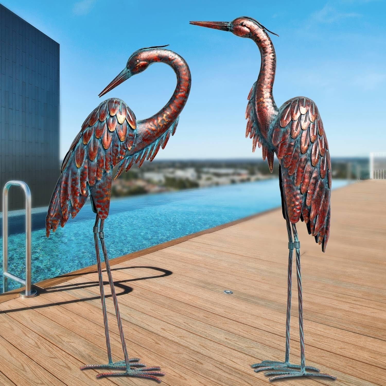 Freestanding Patina Metal Crane Statues - Majestic Garden Decor for All Seasons
