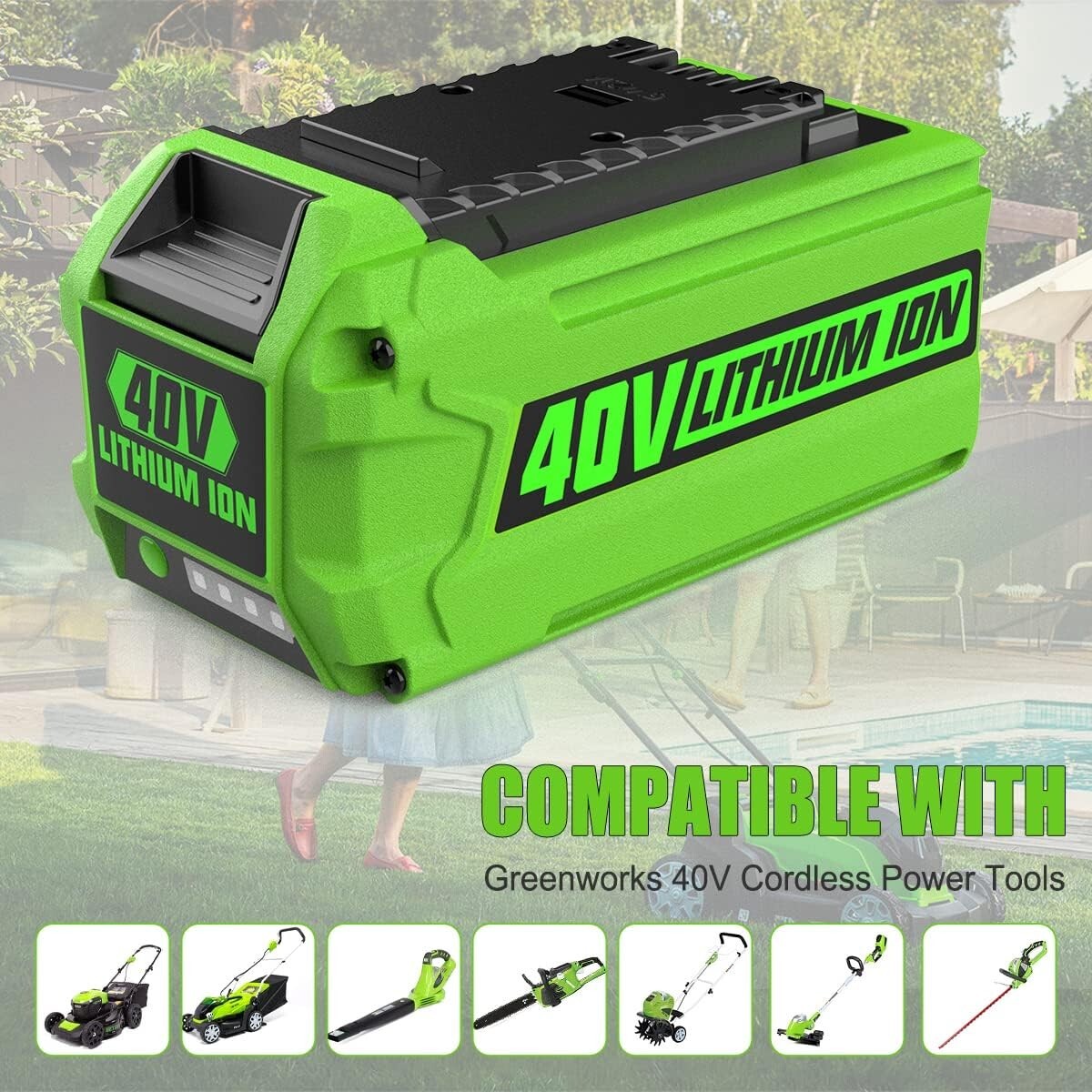 Lightweight Replacement 40V Greenworks Battery with 2A Fast Charger Included