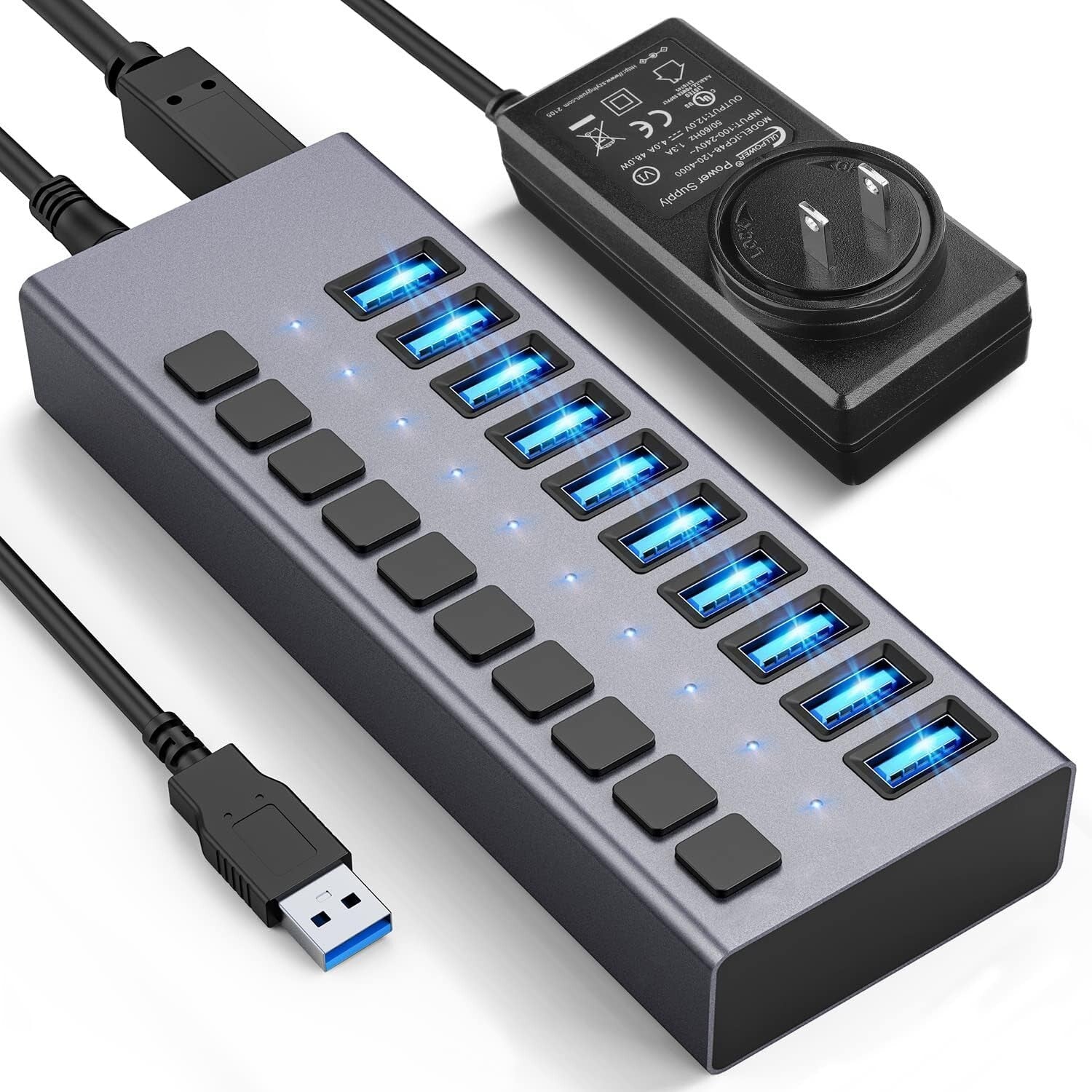 Aluminum 10-Port USB 3.0 Splitter with Surge Protection & 5Gbps Transfer Speed