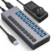 Load image into Gallery viewer, Aluminum 10-Port USB 3.0 Splitter with Surge Protection &amp; 5Gbps Transfer Speed