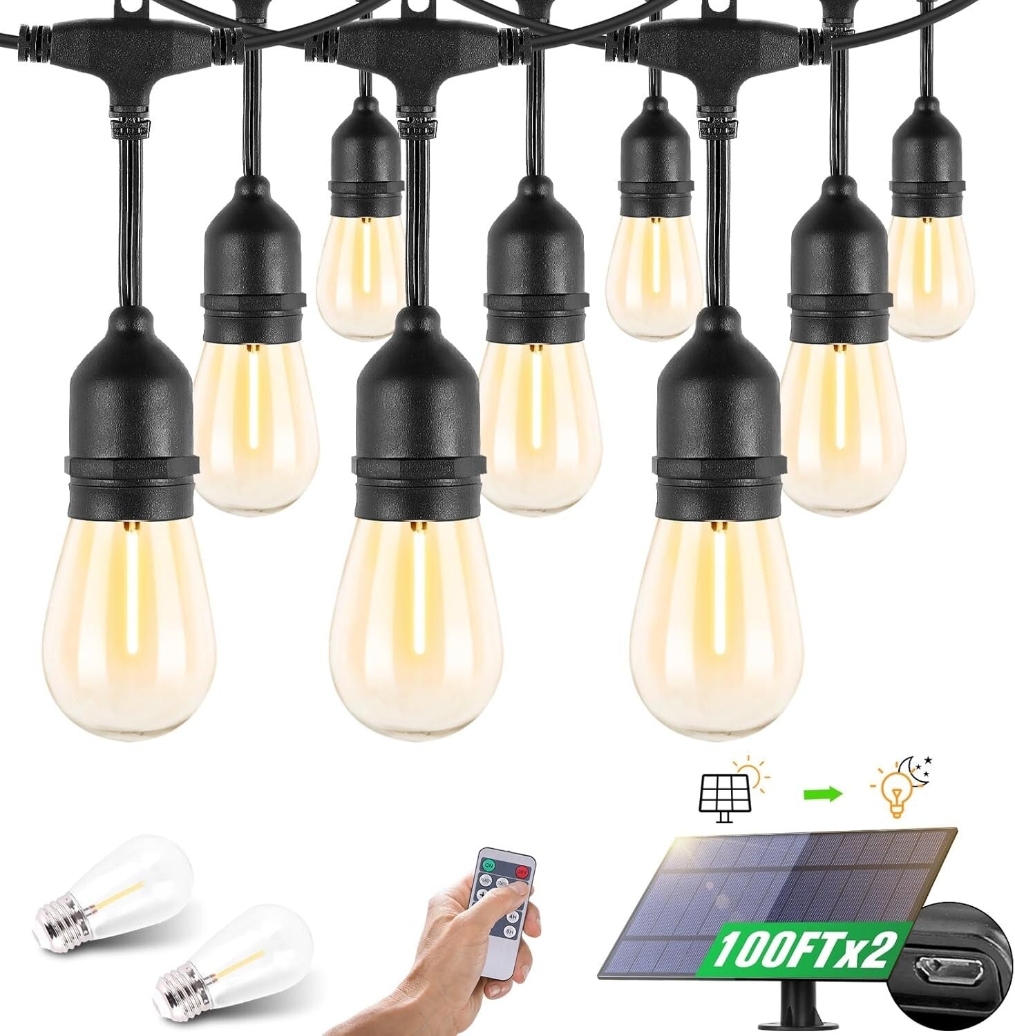 200FT Solar String Lights - Waterproof Patio Lights with 30 Shatterproof Sockets