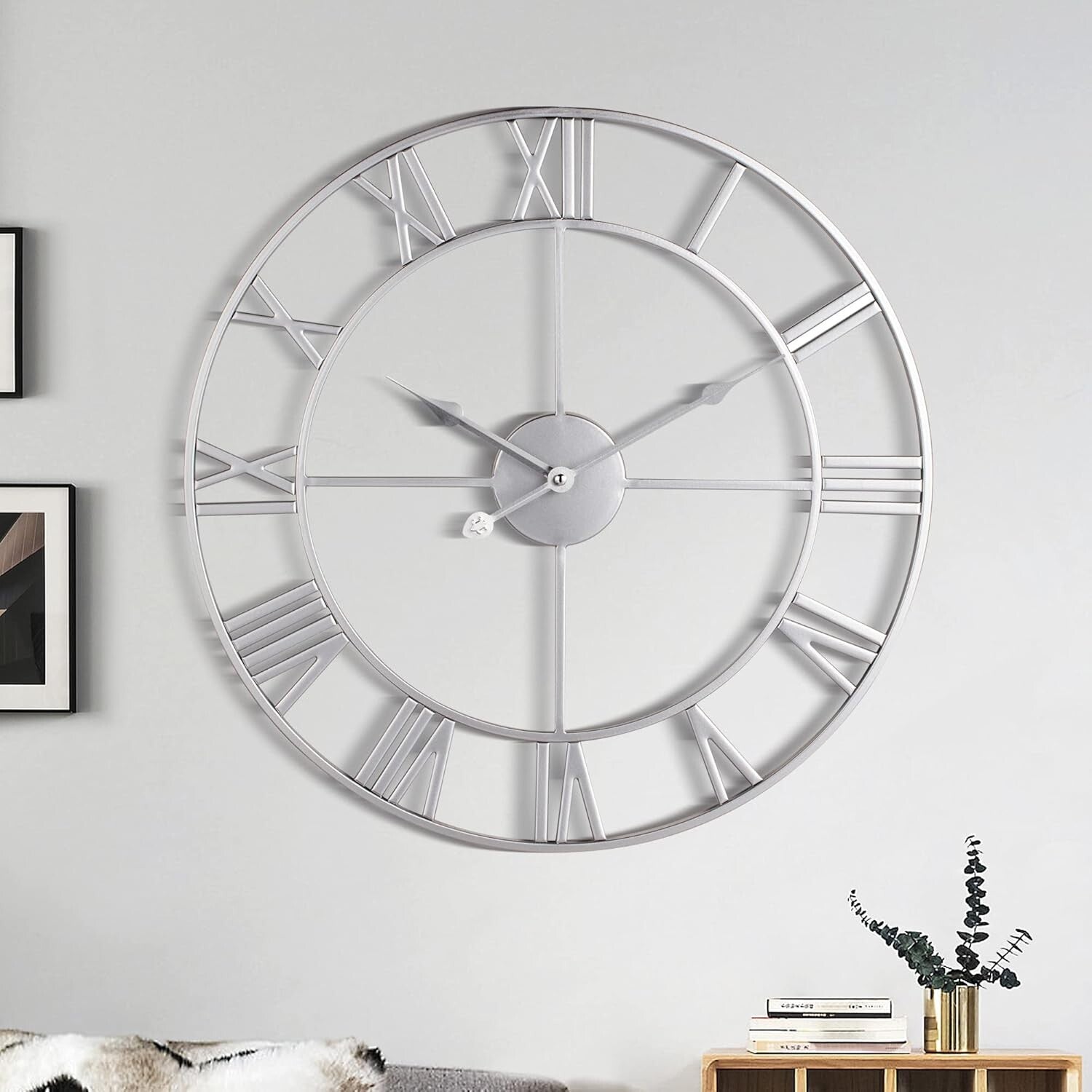 Elegant 18-Inch Retro Roman Numeral Wall Clock - Almost Silent Silver Decor