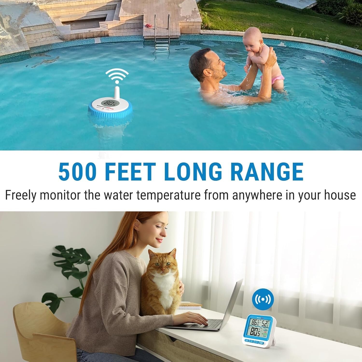 Backlit Waterproof Pool Thermometer Featuring 500FT Range & Auto-Paired Receiver