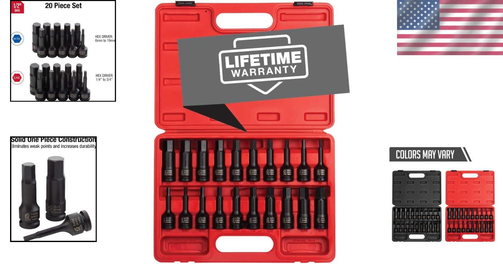 20-Piece 1/2" Drive Impact Hex Driver Set: SAE & Metric, Cr-Mo Steel Quality