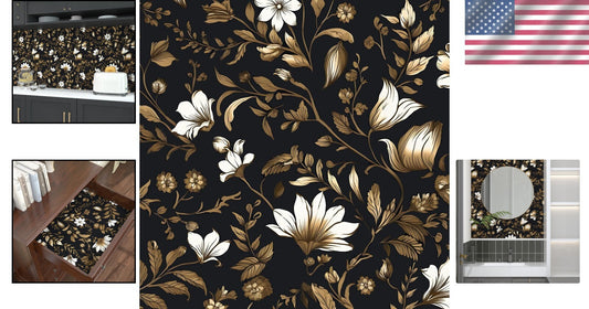 Boho Vintage Peel and Stick Wallpaper - Floral Black/Gold/Yellow, 17.5 x 393.5In