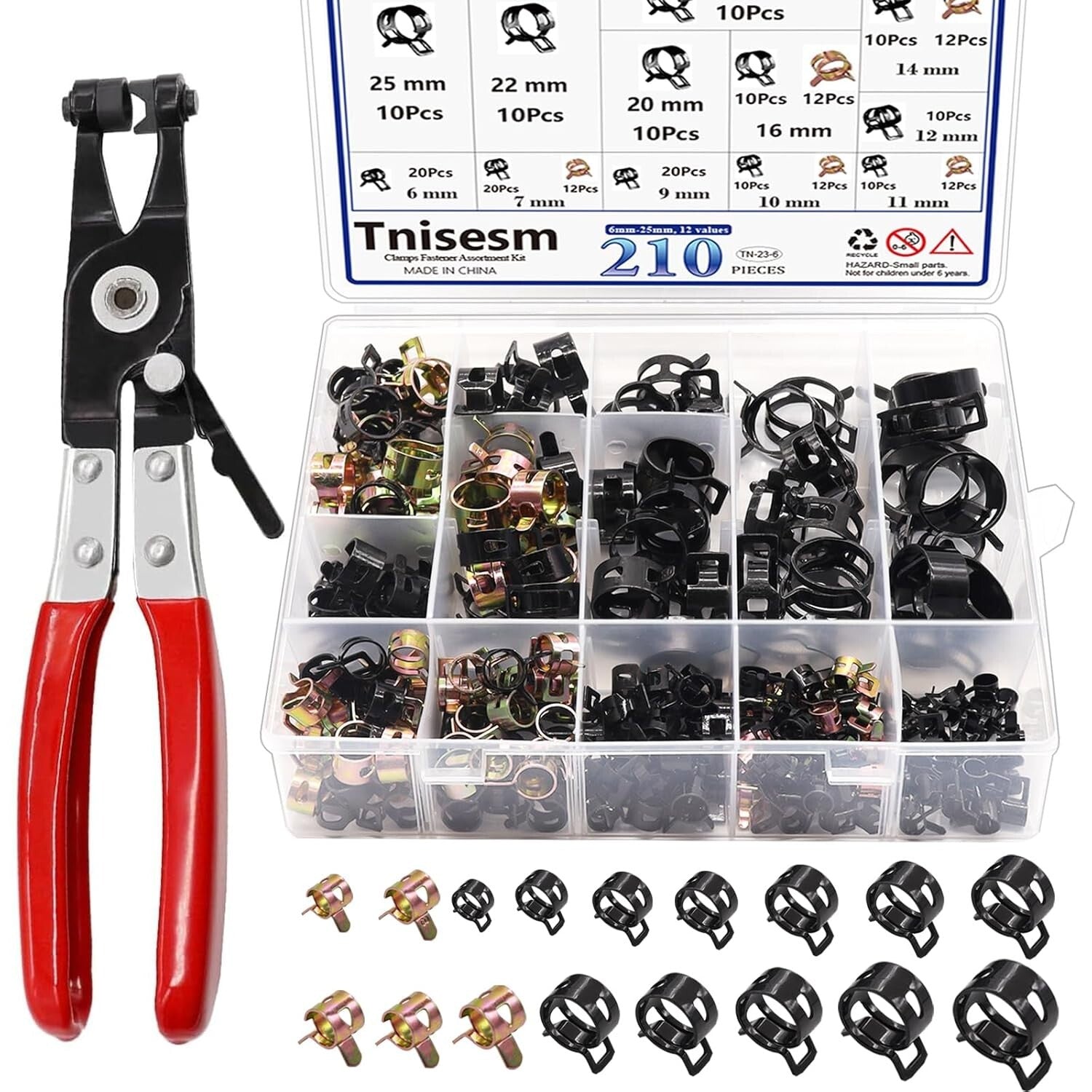 Precision 210-Piece Spring Hose Clamp Kit with Pliers for Fuel & Vacuum Lines