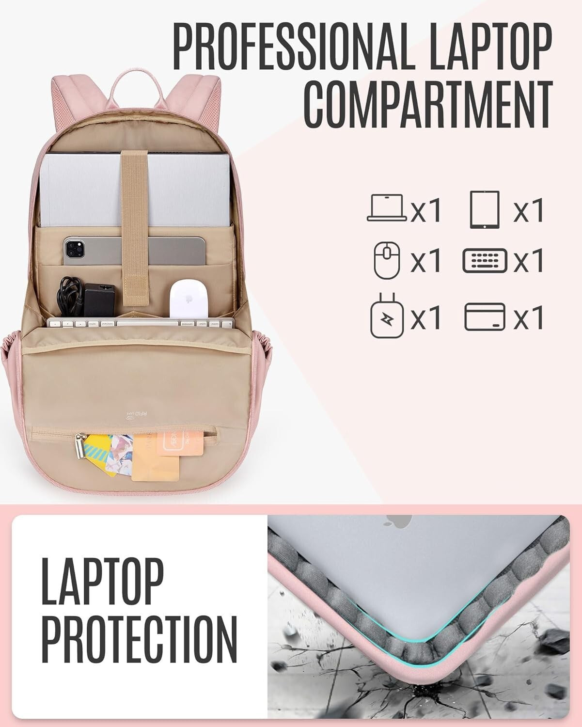 17.3 Inch Laptop Backpack for Women with USB Charging, Water Resistant - Beige