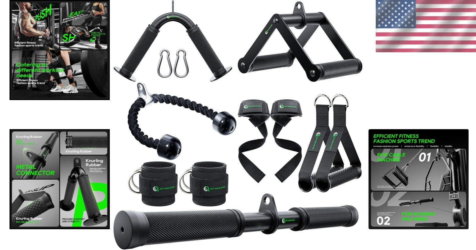 All-in-One Gym Cable Attachments: Tricep Rope, Handles & Wrist Straps Included