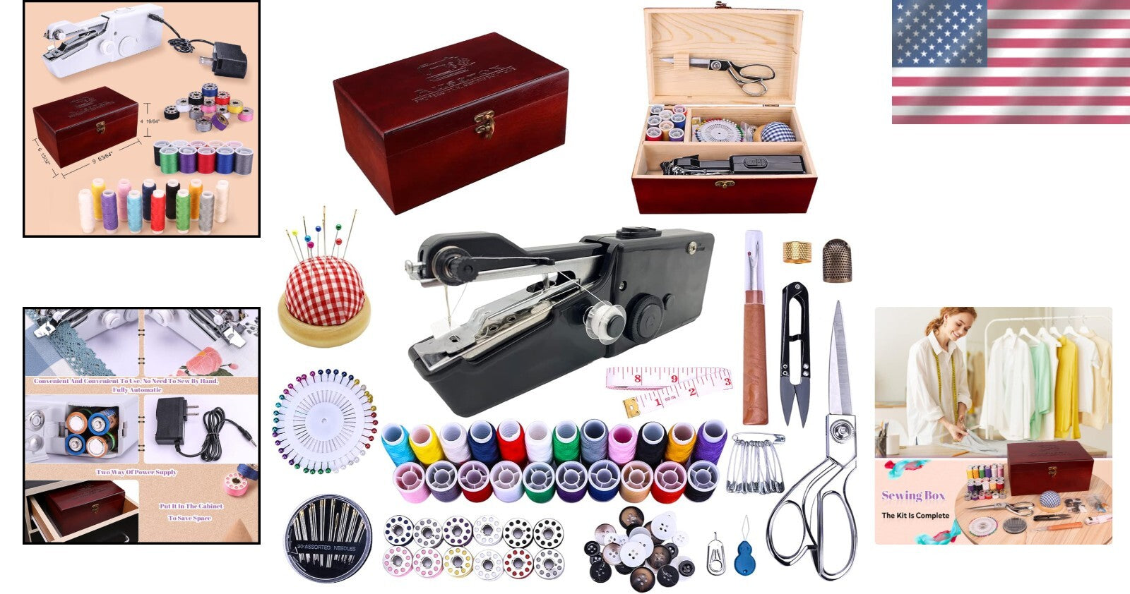 Elegant 153-Piece Mini Sewing Machine Kit in Stylish Wooden Box - Ideal Gift