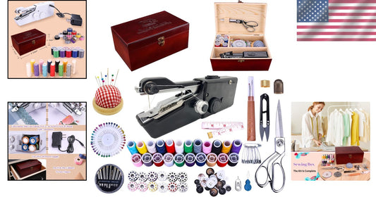 Elegant 153-Piece Mini Sewing Machine Kit in Stylish Wooden Box - Ideal Gift