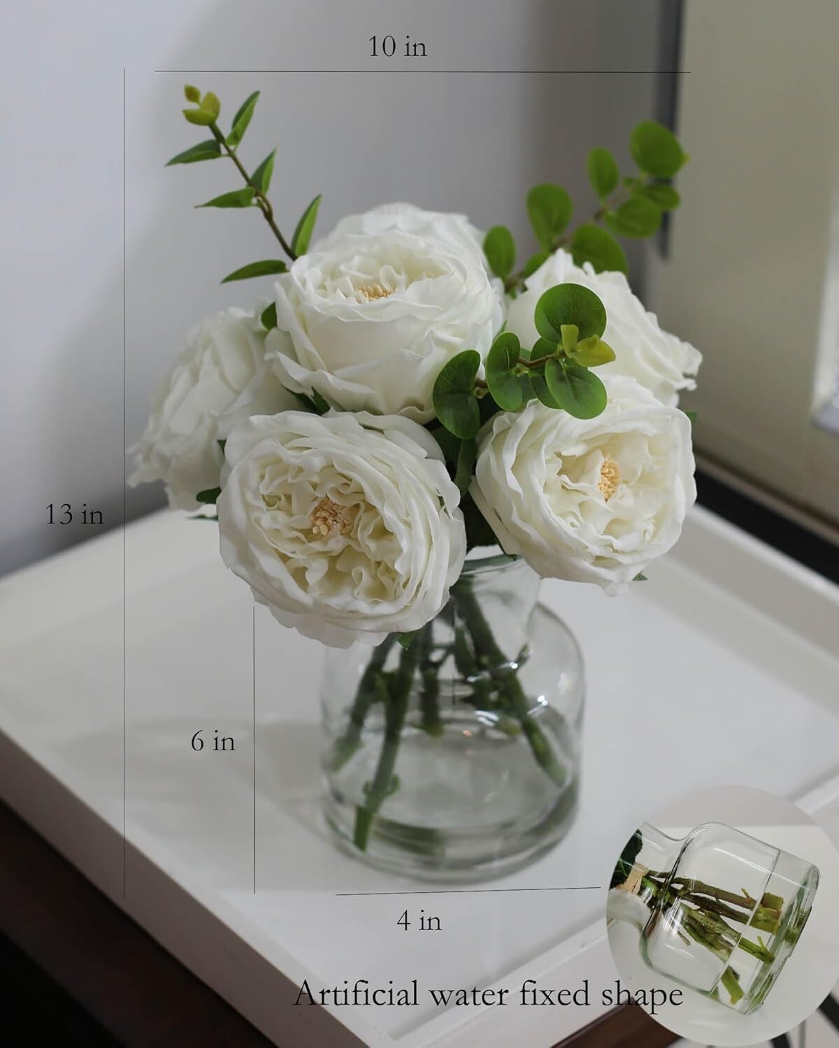 Elegant Artificial White Roses with Glass Vase - Lifelike Table Centerpiece