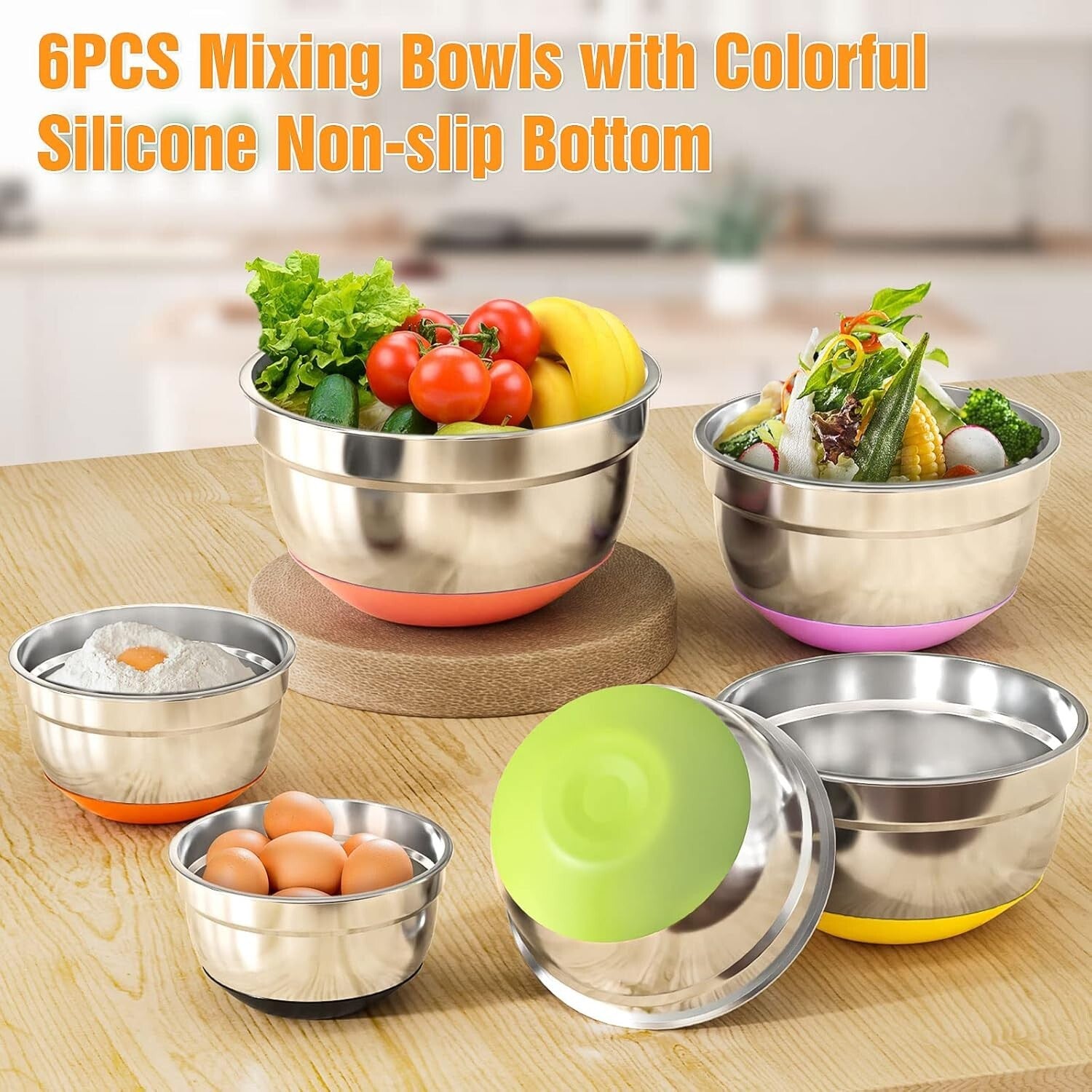600W Electric Hand Mixer & 6 Stainless Steel Nesting Bowls with Colorful Lids