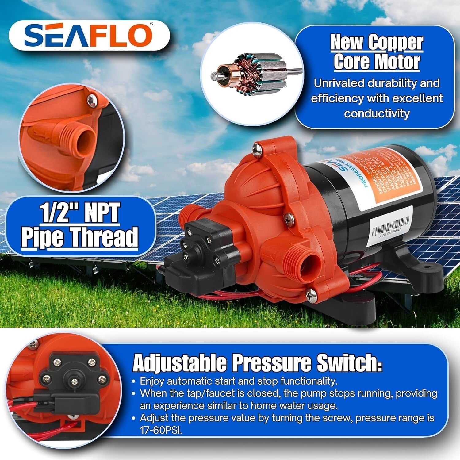 12V Self-Priming Water Pump 3.0 GPM - Automatic Pressure Switch & Quiet Design