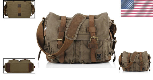 Vintage Military Canvas Leather Messenger Bag for 13-Inch Laptops, Army Green