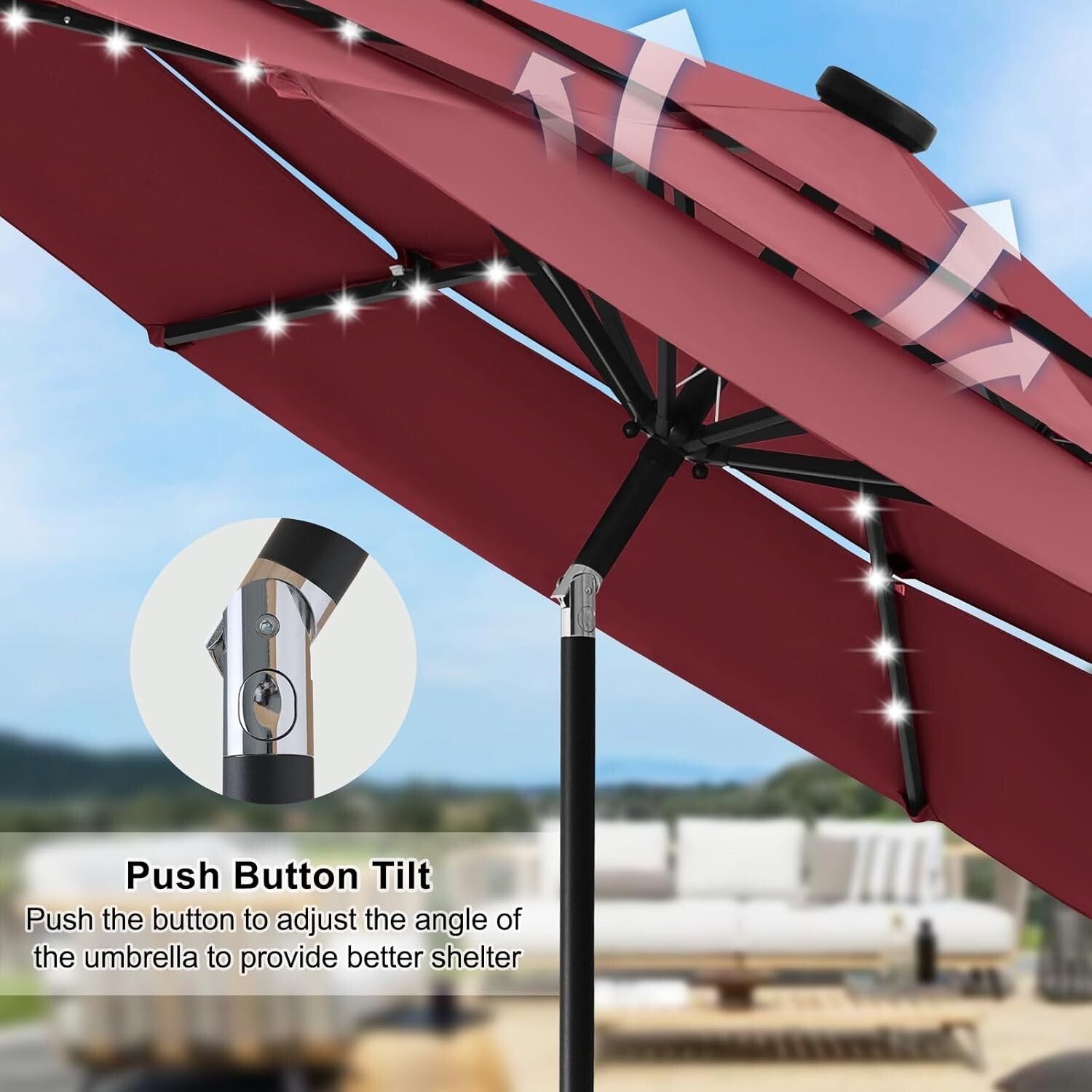 Stylish 3-Tier 11FT Burgandy Solar Light Patio Umbrella for Outdoor Shading