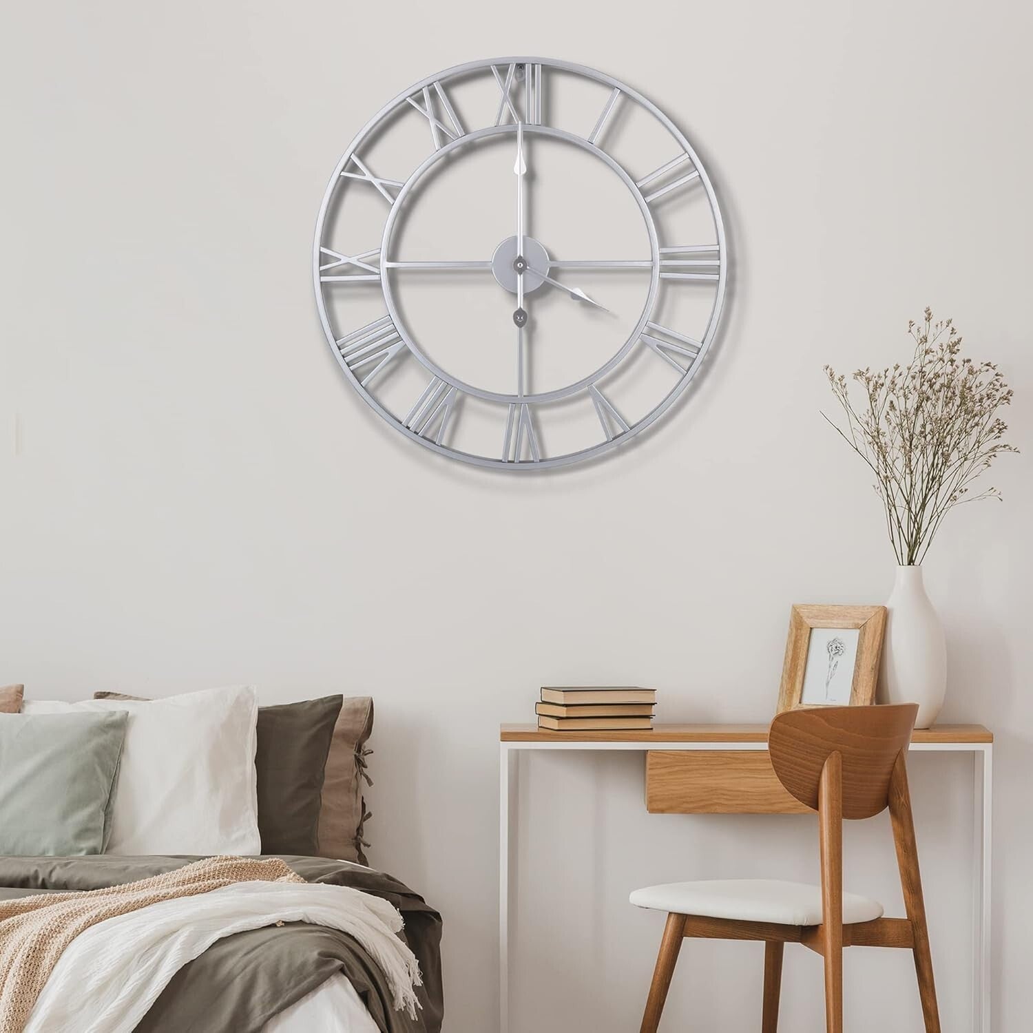 Elegant 18-Inch Retro Roman Numeral Wall Clock - Almost Silent Silver Decor