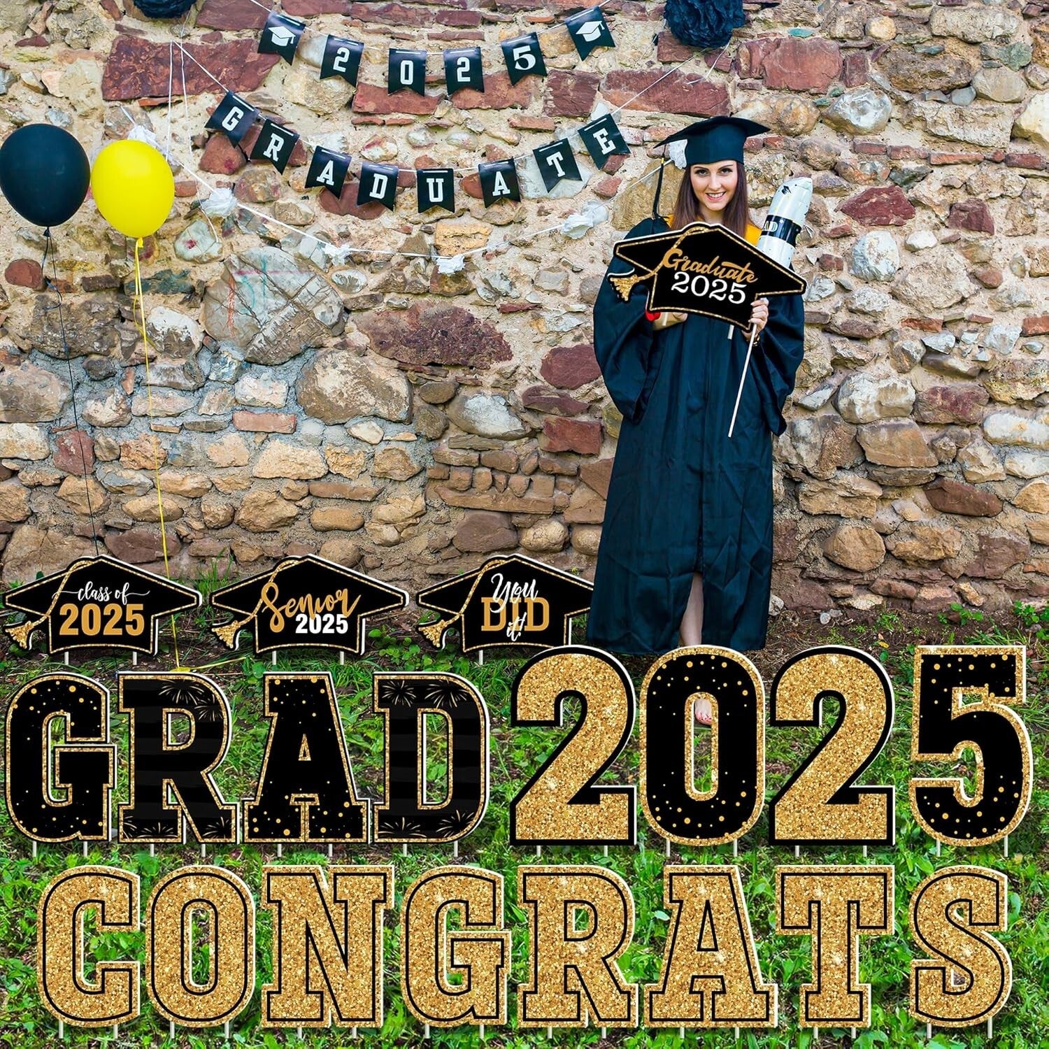 Celebrate Graduation with 20 PCS Black Gold Signs, 2025 Graduation Yard Decor