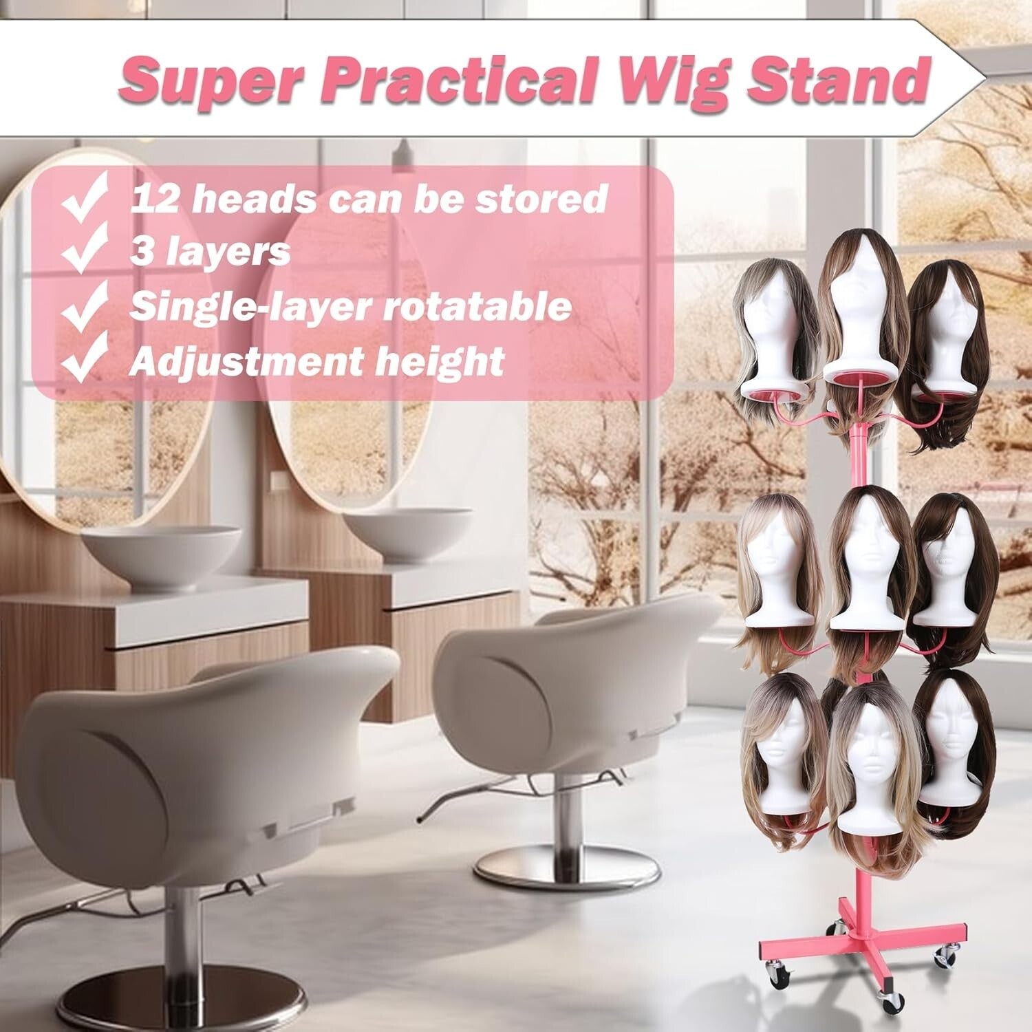 Carbon Steel Multi-Wig Holder - 12-Head Pink Styling Stand with Reinforced Base