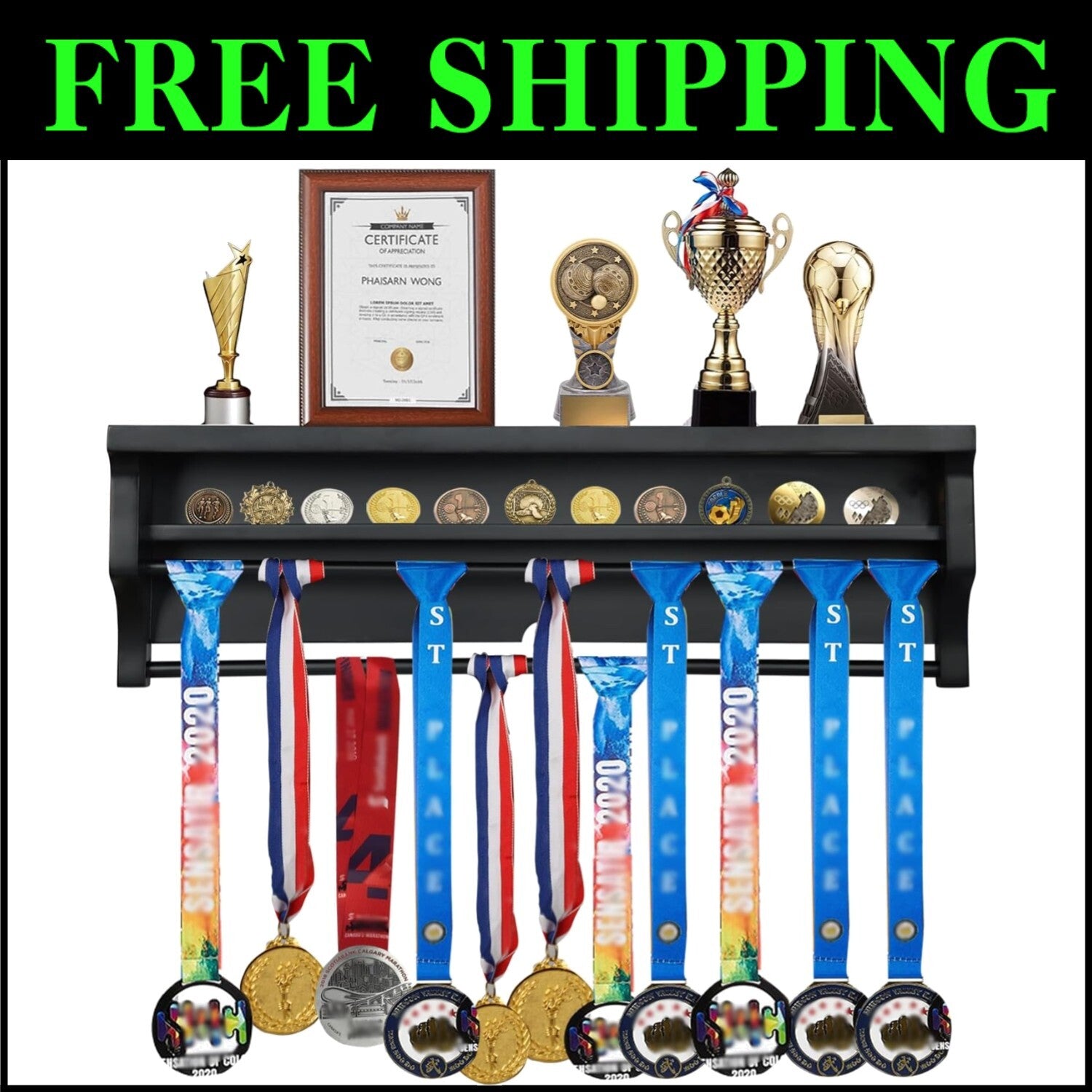 Elegant Solid Wood Wall Mount Medal Display Rack - Showcase Your Achievements