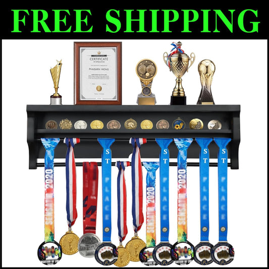 Elegant Solid Wood Wall Mount Medal Display Rack - Showcase Your Achievements