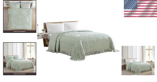 Luxurious King Size Chenille Bedspread in Sage - Traditional Medallion Design