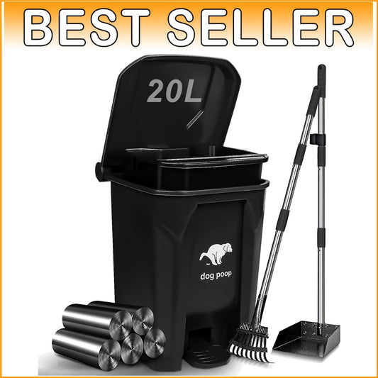 Compact Outdoor Dog Waste Bin with Rake, Tray & 100 Garbage Bags Included