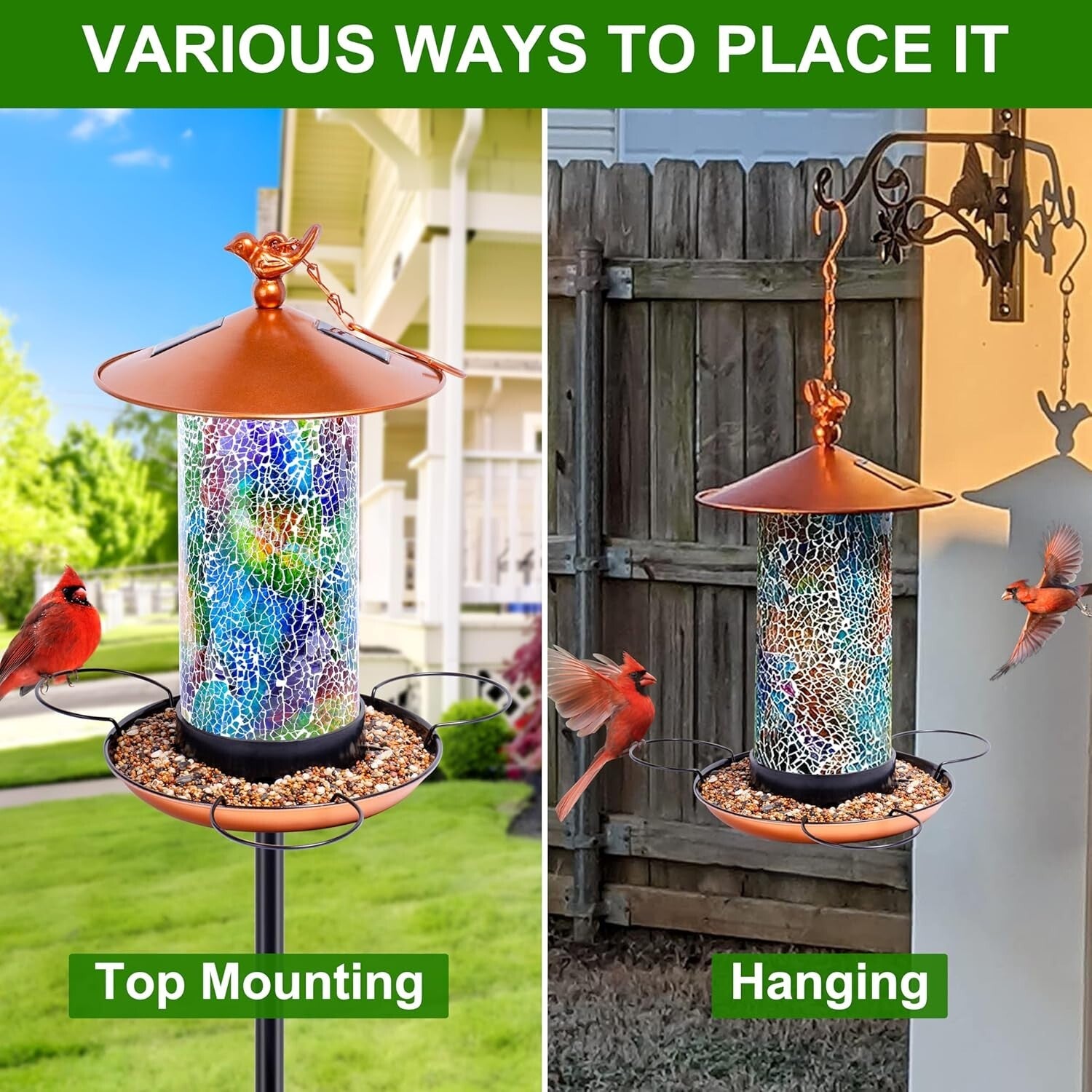 Durable Mosaic Bird Feeder with Solar Function & Height Adjustable Pole Stand