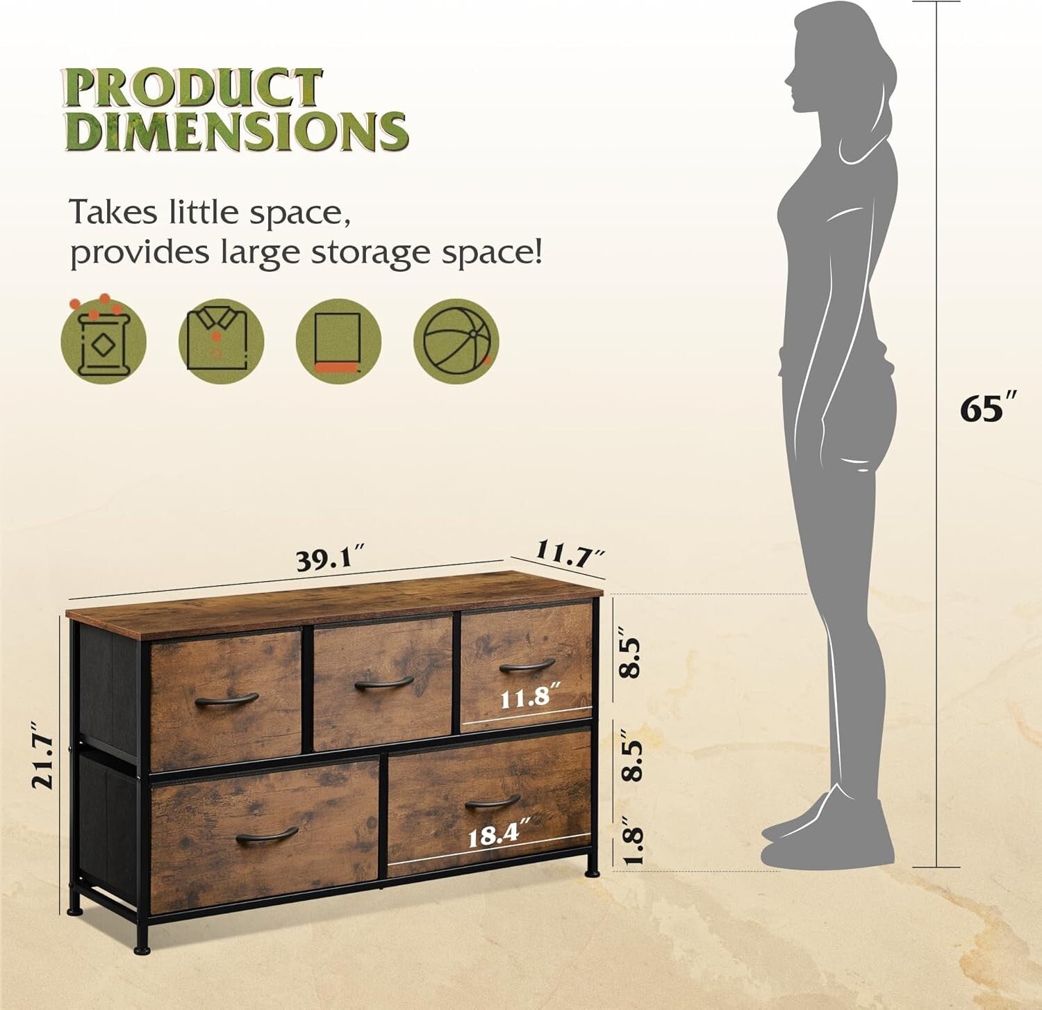 Sturdy 5-Drawer Organizer Unit in Rustic Brown - Easy Assembly & Versatile