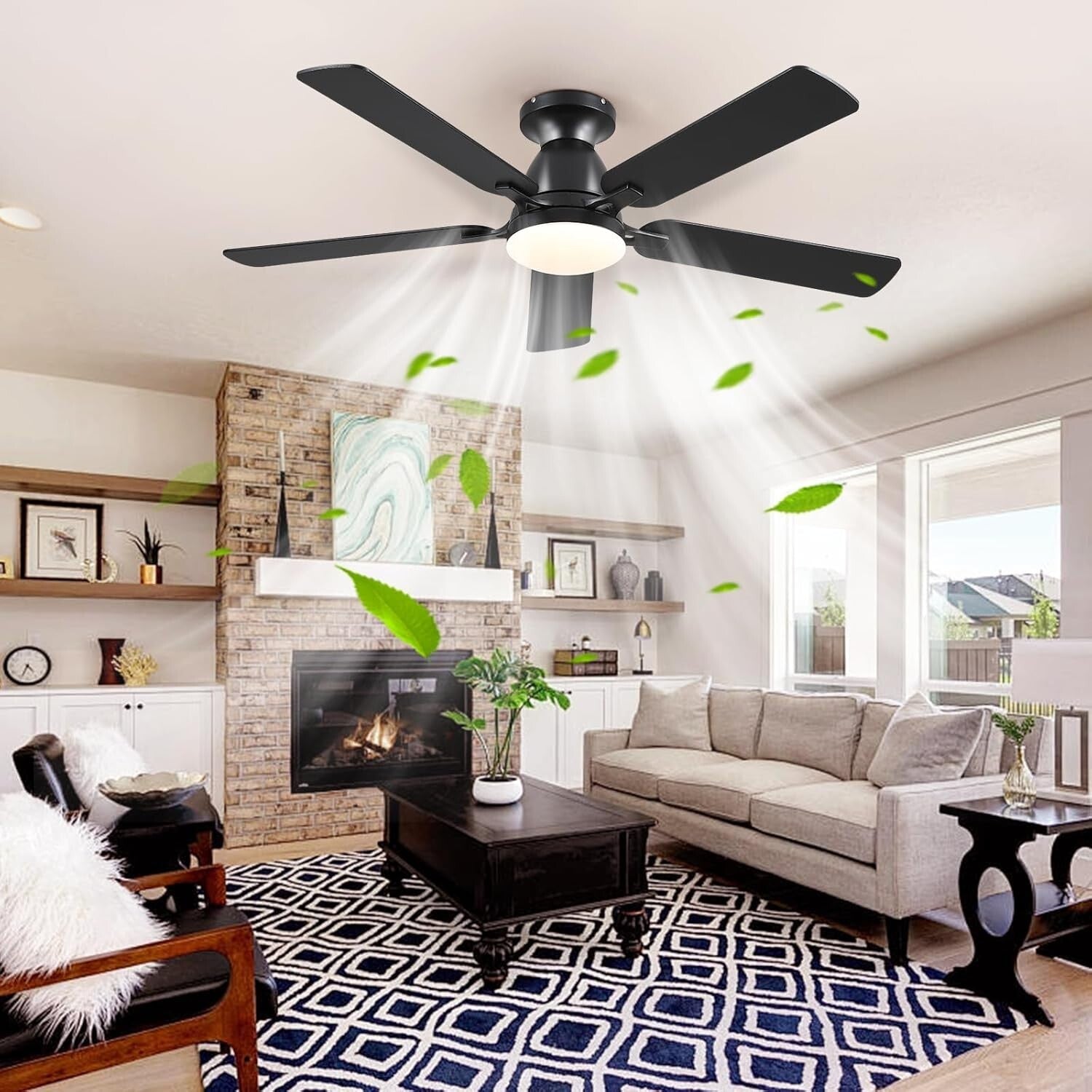 Dimmable 52" Ceiling Fan with Remote & App Control - Black Low Profile Design