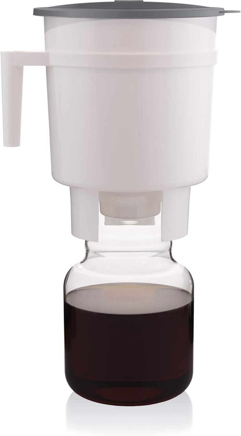 Compact White Cold Brew Coffee Maker - Includes Decanter and Recipe Guide