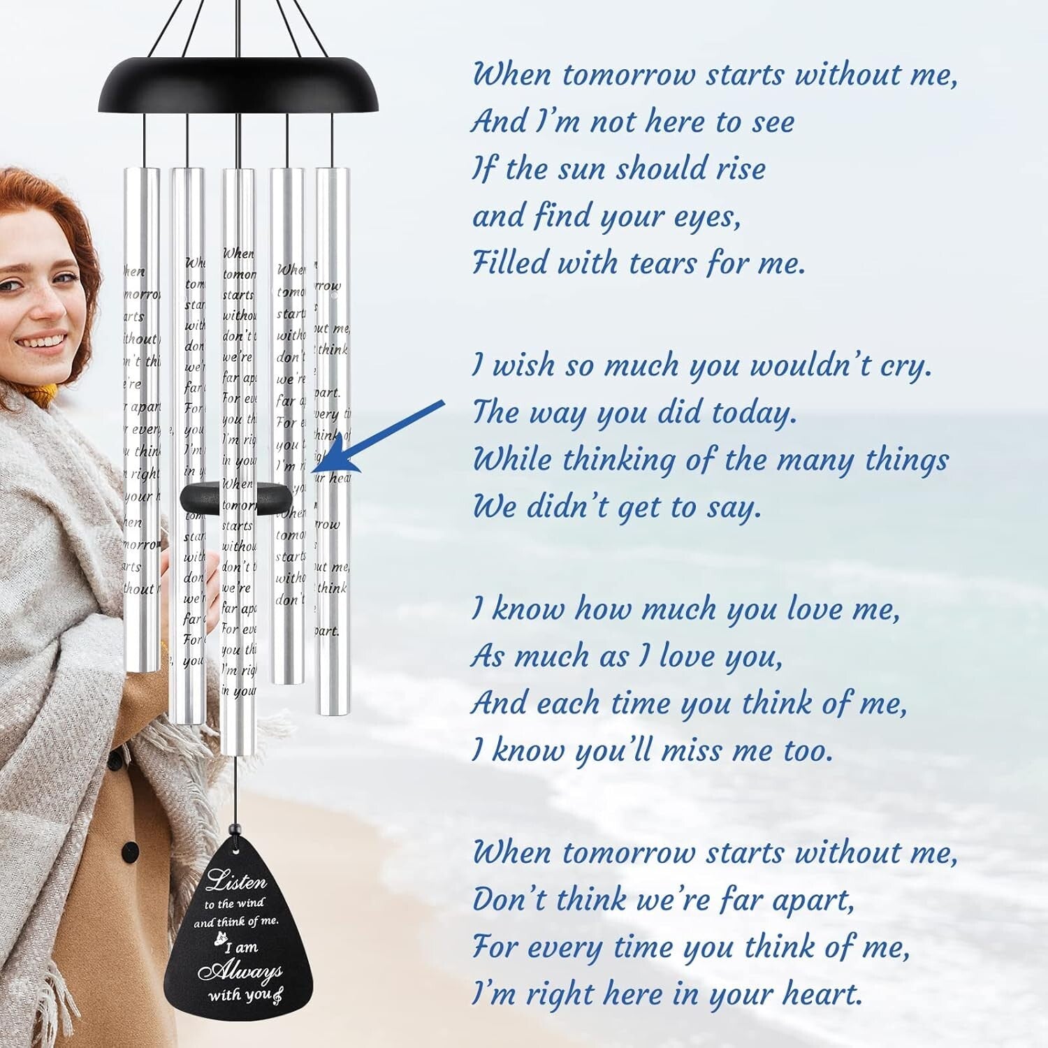 Deep Tone 36'' Sympathy Wind Chimes with Touching Poem - Lasting Memorial Gift