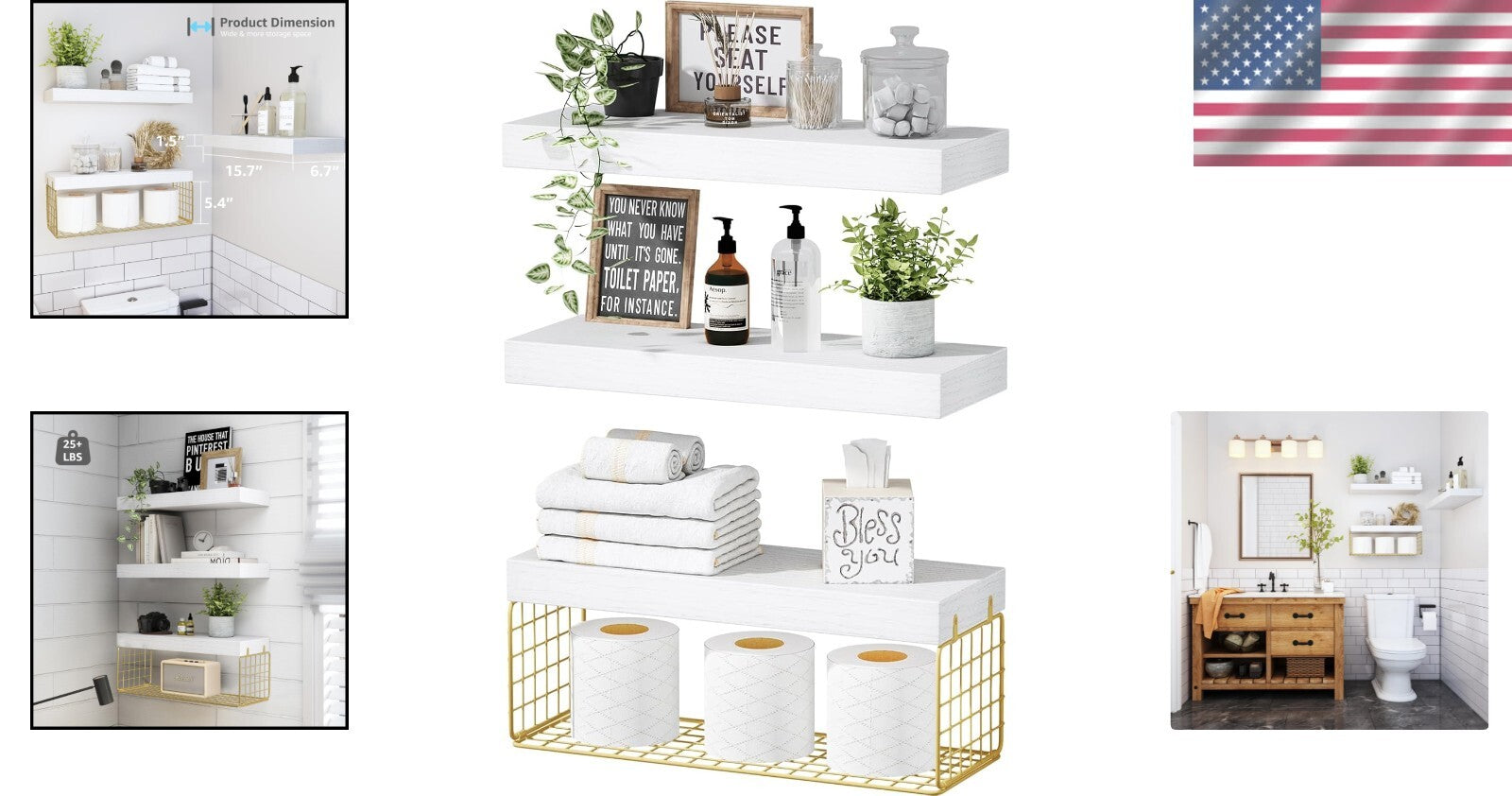 Gold and White Over Toilet Floating Shelves - 3-Piece Bathroom Organizer Set