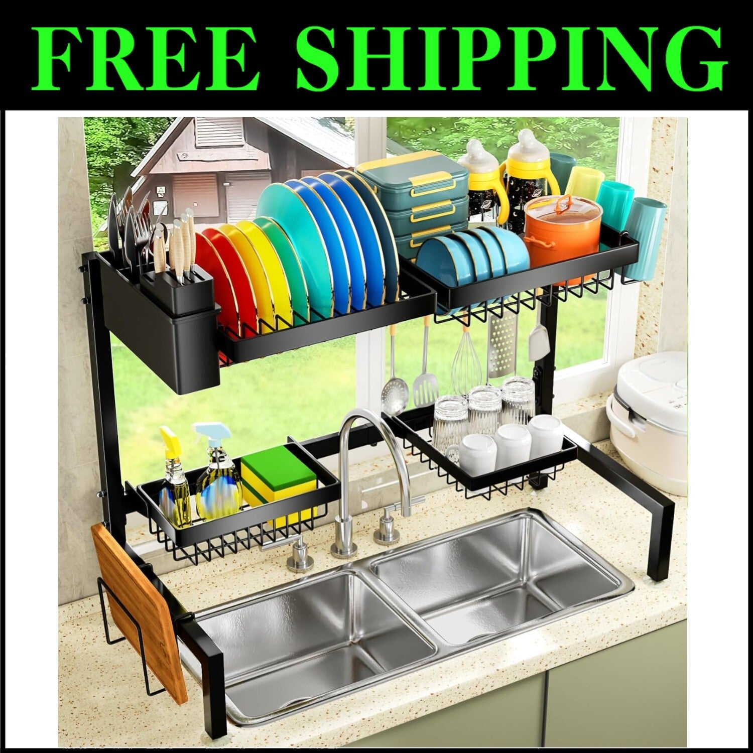 Adjustable 2-Tier Metal Dish Drying Rack with 4 Baskets - Space-Saving Solution