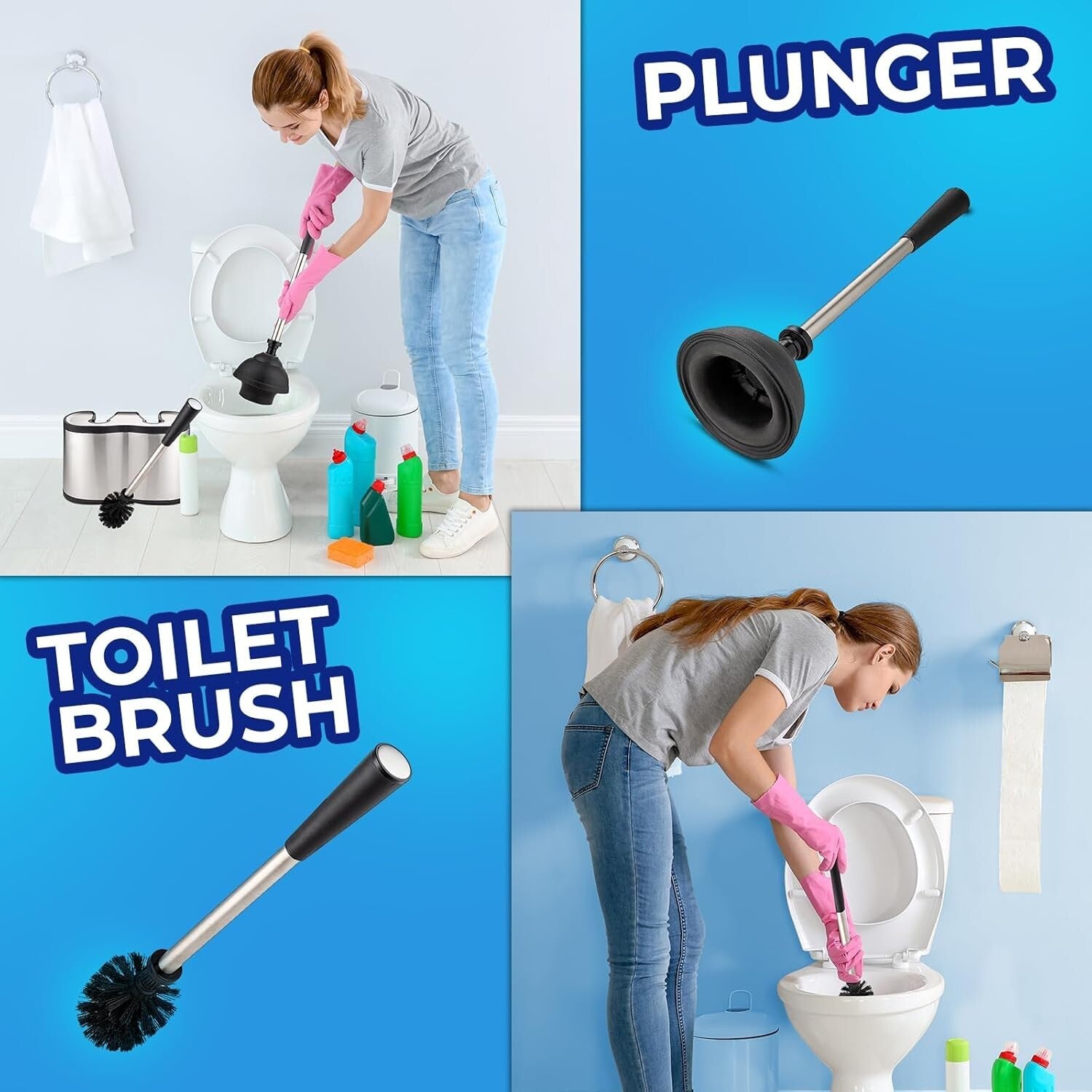 Elegant Stainless Steel Toilet Brush & Plunger Set with Freestanding Canister