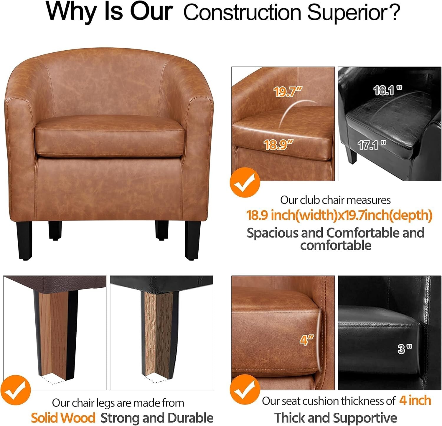 Modern Faux Leather Club Chair with Soft Seat for Living Room & Office Use