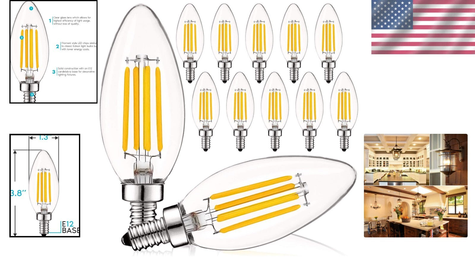 12-Pack Vintage Edison LED Candelabra Bulbs - Dimmable 60W Equivalent Warm White