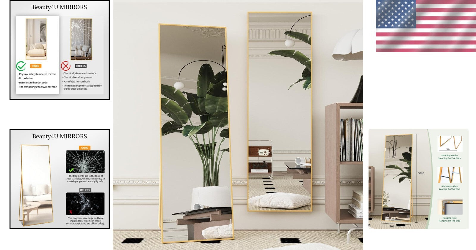 Stylish 59" x 16" Full-Length Gold Mirror - Ideal for Bedrooms and Living Rooms