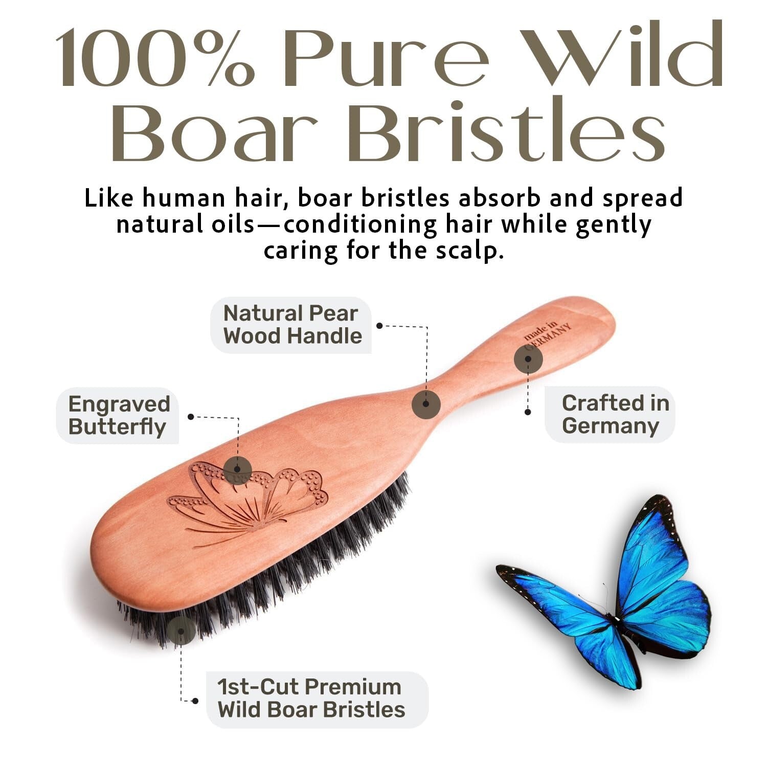 Luxury Boar Bristle Hairbrush for Fine to Medium Thick Hair - Made in Germany