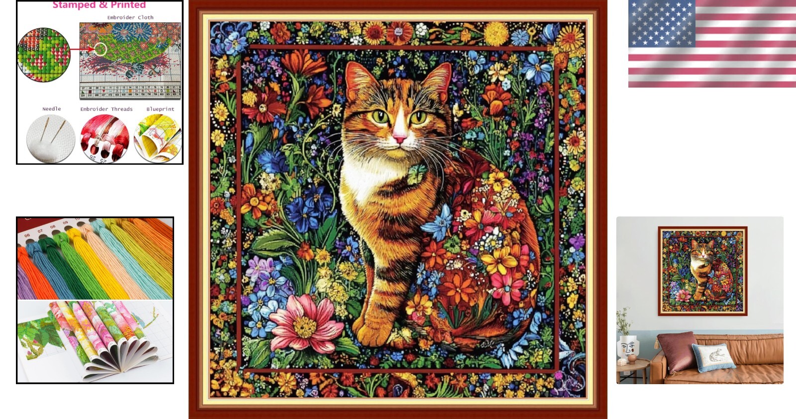 Beginners Colorful Flower Cat Cross Stitch Kit - Easy DIY Embroidery 18x18