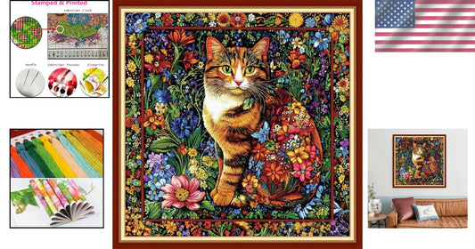 Beginners Colorful Flower Cat Cross Stitch Kit - Easy DIY Embroidery 18x18