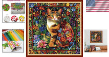 Load image into Gallery viewer, Beginners Colorful Flower Cat Cross Stitch Kit - Easy DIY Embroidery 18x18